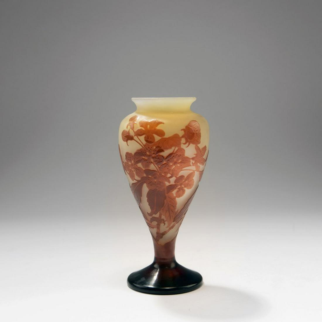 Etbl. Gallé, 'Fleurs de cerisier' vase, 1908-18: Etablissements Gallé, Nancy, 'Fleurs de cerisier' vase, 1908-18, H. 17.5 cm. Cameo glass, light amber, clear and orange/brown. Pattern etched in several steps. Cherries at sunset. Signed: Gall&