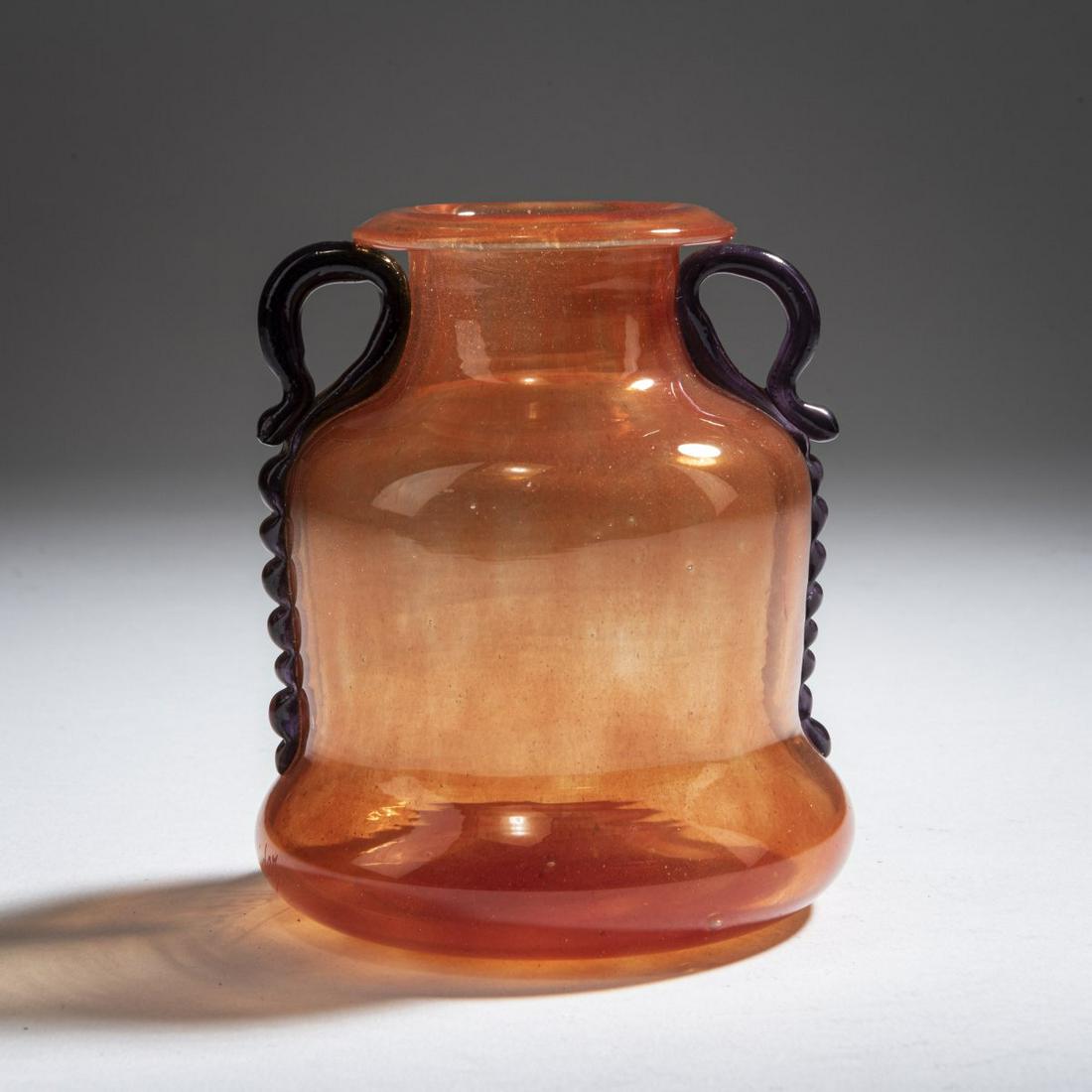 Schneider, Vase 'Bijou' with handles, 1918-24: Schneider, Epinay-sur-Seine, Vase 'Bijou' with handles, 1918-24, H. 9.7 cm. Cased glass, clear with orange-red powder inclusions. Applied handles made of purple glass. Signed: Amphora, Schneider (need