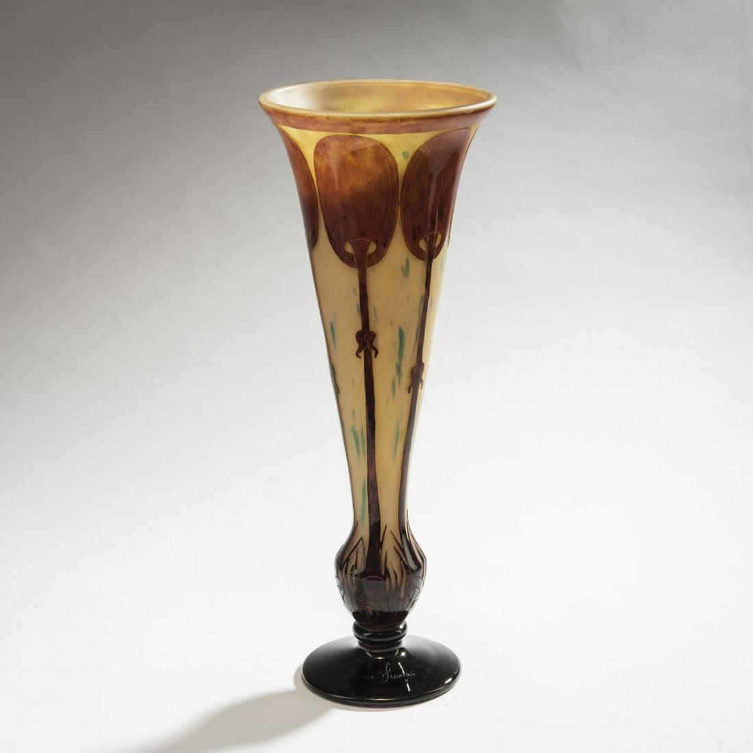 Schneider, Tall 'Coprins' Vase, 1923-26: Schneider, Epinay-sur-Seine, Tall 'Coprins' Vase, 1923-26, H. 48.2 cm. Cameo glass, clear, with lemon yellow and green powder inclusions, seal red and dark purple enamel fusions. Decorated with mushro