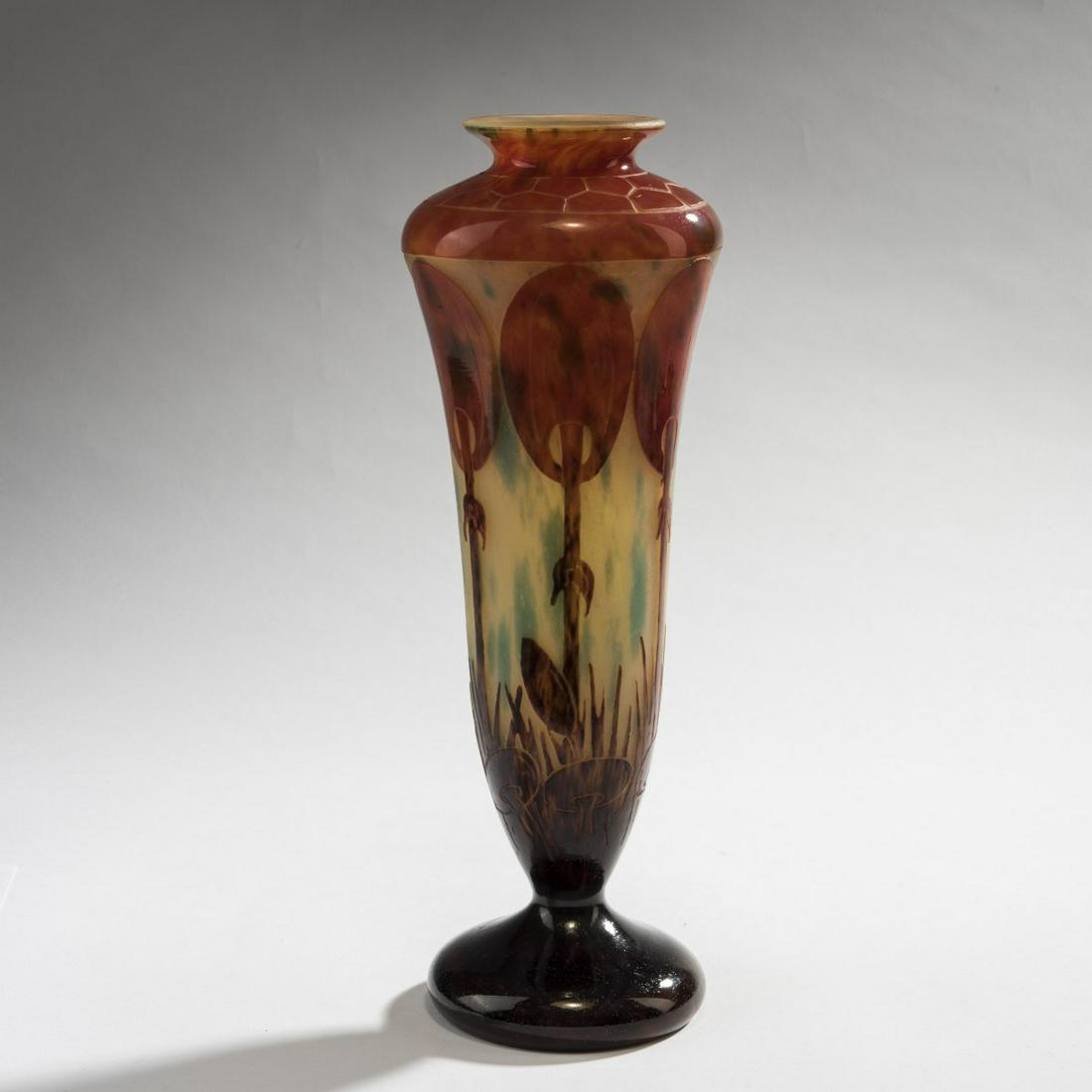Schneider, Vase 'Coprins', 1923-26: Schneider, Epinay-sur-Seine, Vase 'Coprins', 1923-26, H. 34.8 cm. Cameo glass, clear, with lemon yellow and green powder inclusions, seal red and dark purple enamel fusions. Decorated with mushrooms i