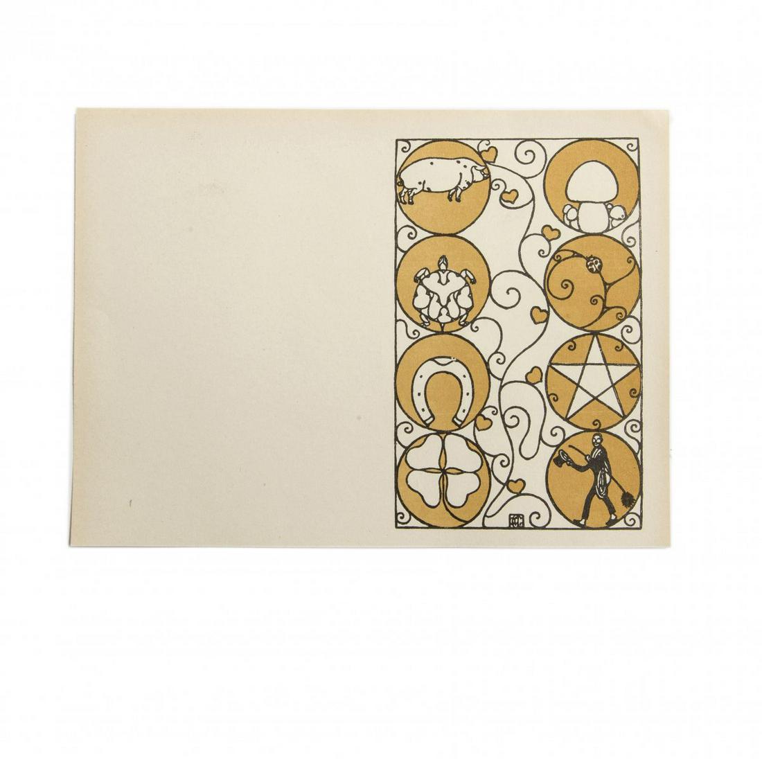 Carl Otto Czeschka, New Year's card, c. 1909: Carl Otto Czeschka, New Year's card, c. 1909, Colour lithograph on chamois paper. 15.8 x 21.5 cm. Made by Wiener Werkstätte. Plate signed: COC., Hansen, Die Postkarten der Wiener Werkstätte,