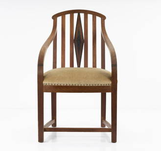 Bruno Paul, '7091' armchair, model for the 1st flat of: Bruno Paul, '7091' armchair, model for the 1st flat of the artist in Berlin, 1907, H. 94.5 x 56.5 x 59.5 cm. Made by Vereinigte Werkst&auml;tten, Munich. Oak, marquetry of ebonised wood, beige fabric.