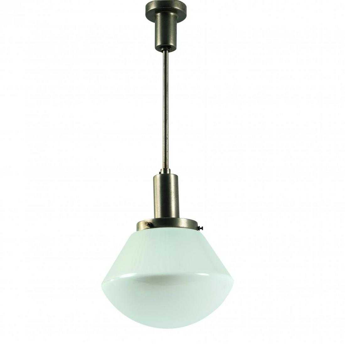 Hin Bredendieck, Ceiling light '777', c. 1930: Hin Bredendieck, Ceiling light '777', c. 1930, H. 127 cm; D. 28 cm. Made by Kandem - Körting & Mathiesen, Leipzig-Leutzsch. Tubular metal, sheet metal, matt clear glass, lower half of white g