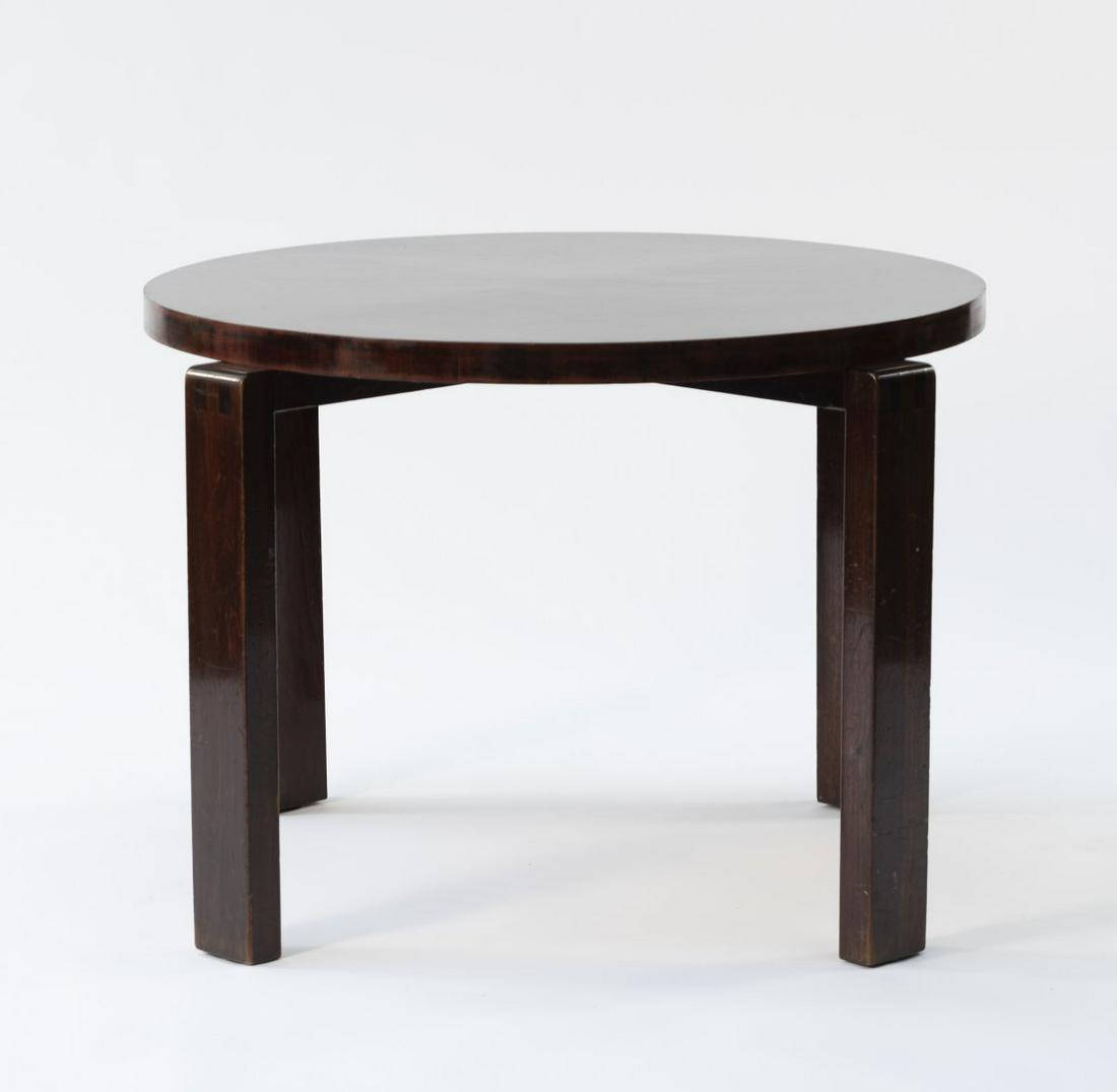 Erich Dieckmann, Occasional table, c. 1930: Erich Dieckmann, Occasional table, c. 1930, H. 65 cm, D. 90 cm. Made at Weimar Bauhochschule. Mahogany, plywood with mahogany veneer, stained dark. , Cat. Erich Dieckmann, Möbelbau, Stuttgart 193