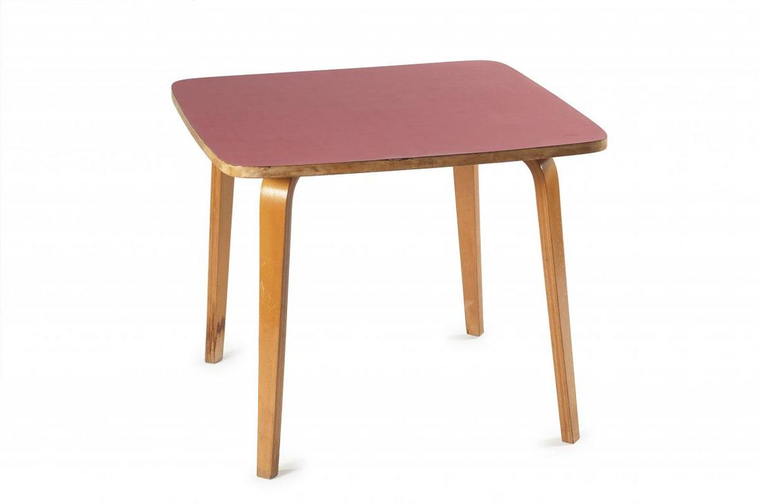 Egon Eiermann (attributed) , '254 - Variation' side: Egon Eiermann (attributed) , '254 - Variation' side table, 1952, H. 63.5 x 76.5 x 76.5 cm. Made by Wilde & Spieth, Esslingen (attributed). Beech plywood, red Formica. , Cf. Exh. Egon Eiermann. Die