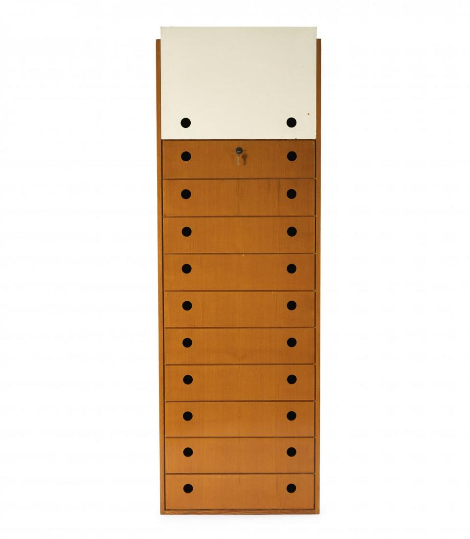 Egon Eiermann, Unique chest of drawers 'Krippenhof',: Egon Eiermann, Unique chest of drawers 'Krippenhof', 1950s, H. 205 x 67 x 62.5 cm. Wooden box construction, blockboards, pine wood veneer, partially painted light grey and white.,