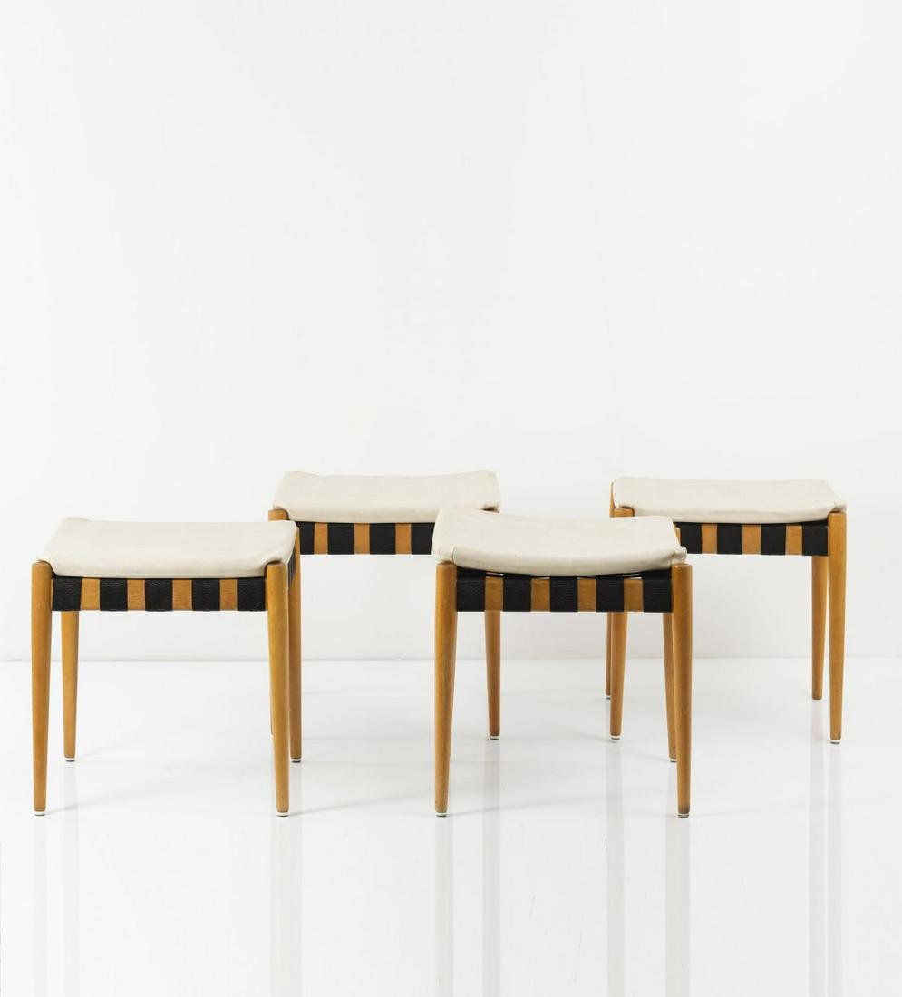 Egon Eiermann, Four stools 'SE 120 H', 1960: Egon Eiermann, Four stools 'SE 120 H', 1960, H. 47 x 45.5 x 45.5 cm. Made by Wilde & Spieth, Esslingen. Beechwood, black straps, white synthetic leather., Exh. Egon Eiermann, Die Möbel, Badis