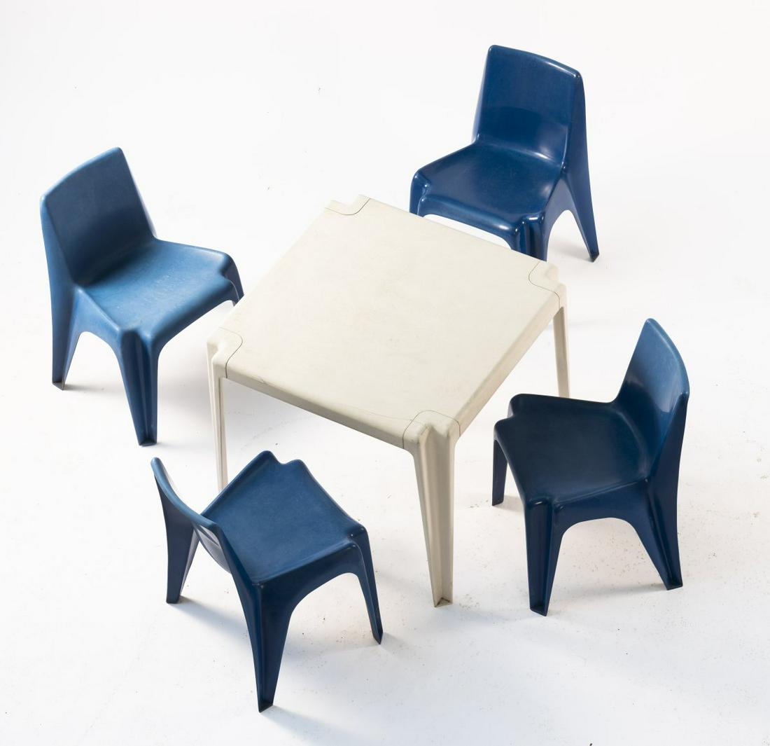 Helmut Bätzner, Table and four 'BA 1171' stacking: Helmut Bätzner, Table and four 'BA 1171' stacking chairs, 1964, Table: H. 72.5 x 85 x 85 cm; chairs: H. 74 x 50 x 55 cm. Made by Bofinger, Ilsfeld. Polyester, reinforced with fibreglass, white an