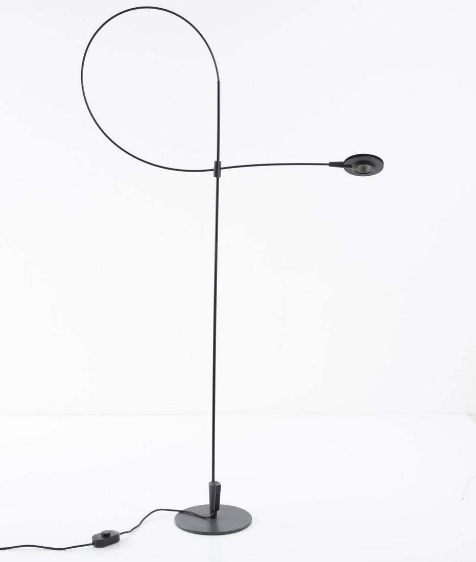 René Kemna, Floor lamp 'Sigla 2', 1986: René Kemna, Floor lamp 'Sigla 2', 1986, H. 147.5 cm. Made by Sirrah, Milan. Cast metal, tubular metal, varnished black, black plastic. Marked: Maker's adhesive label., Gramigna, Repertorio 1950