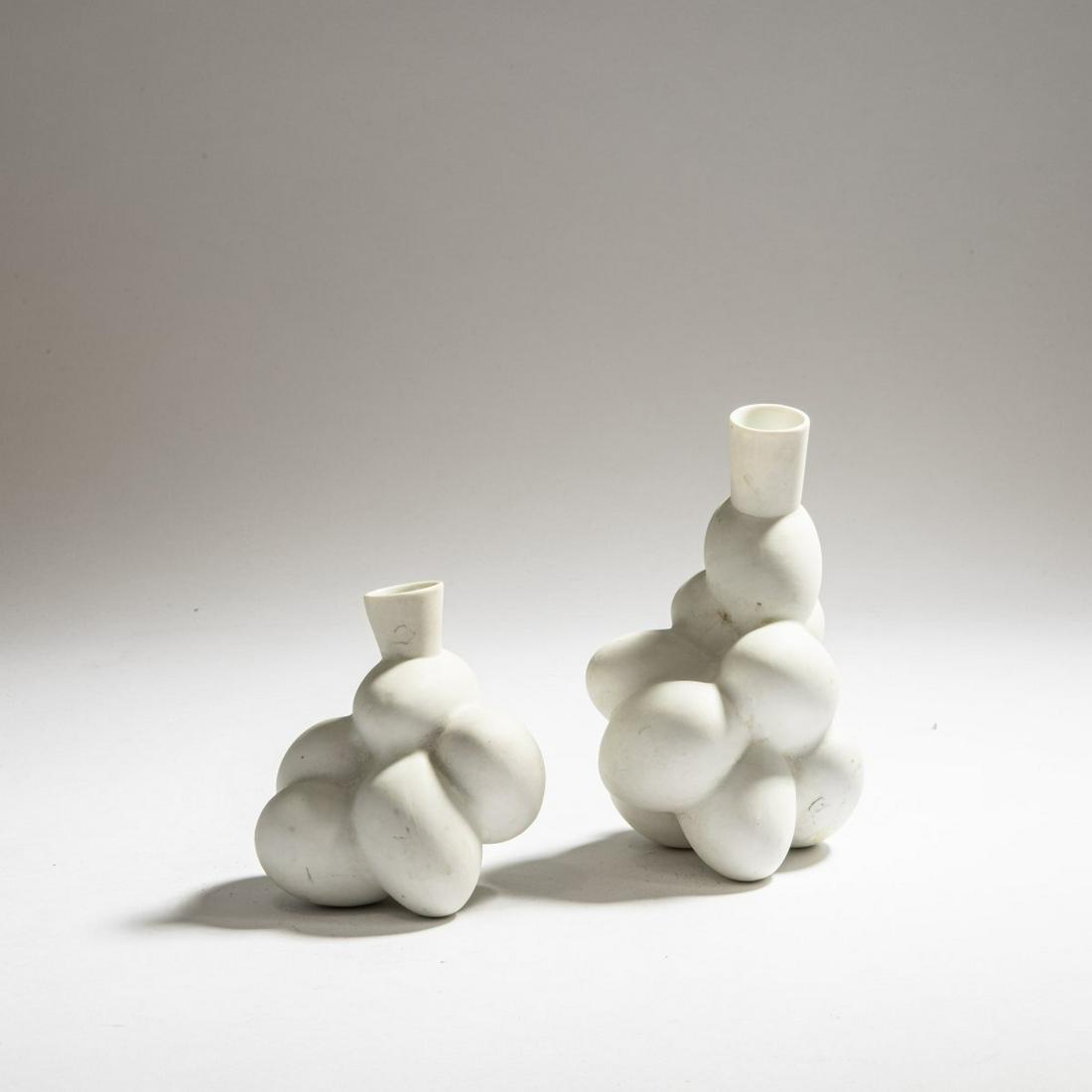 Marcel Wanders, Two 'Egg' vases, 1997: Marcel Wanders, Two 'Egg' vases, 1997, H. 10.2-15.2 cm. Made by Moooi, Breda. Porcelain, white, glazed inside., Featured in Exh. Rudolf Steiner, Vitra Design Museum, Weil am Rhein 2010, p. 213; https: