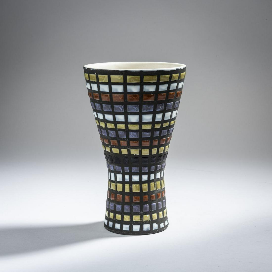 Roger Capron, 'Pavé' vase: Roger Capron, 'Pavé' vase, H. 20.7 cm. Earthenware, white tin glaze, polychrome enamel. Signed: CAPRON., Staudenmeyer, La Céramique Française des années 50s, Paris 2001, p.