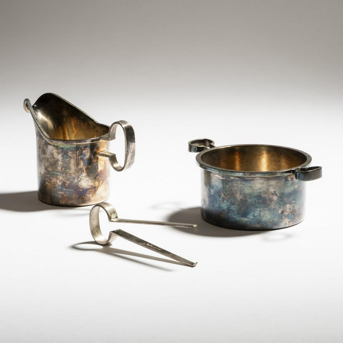 Bertel Gardberg, Set of Sugar bowl, creamer, sugar: Bertel Gardberg, Set of Sugar bowl, creamer, sugar tongs, c. 1975, H. 5-8 cm; L. 9.8 cm. Made by Kultateollisuus Ky, Turku and Kultakeskus Oy, Hämeenlinna, 1980, 1983 and 1997, respectively. Silv