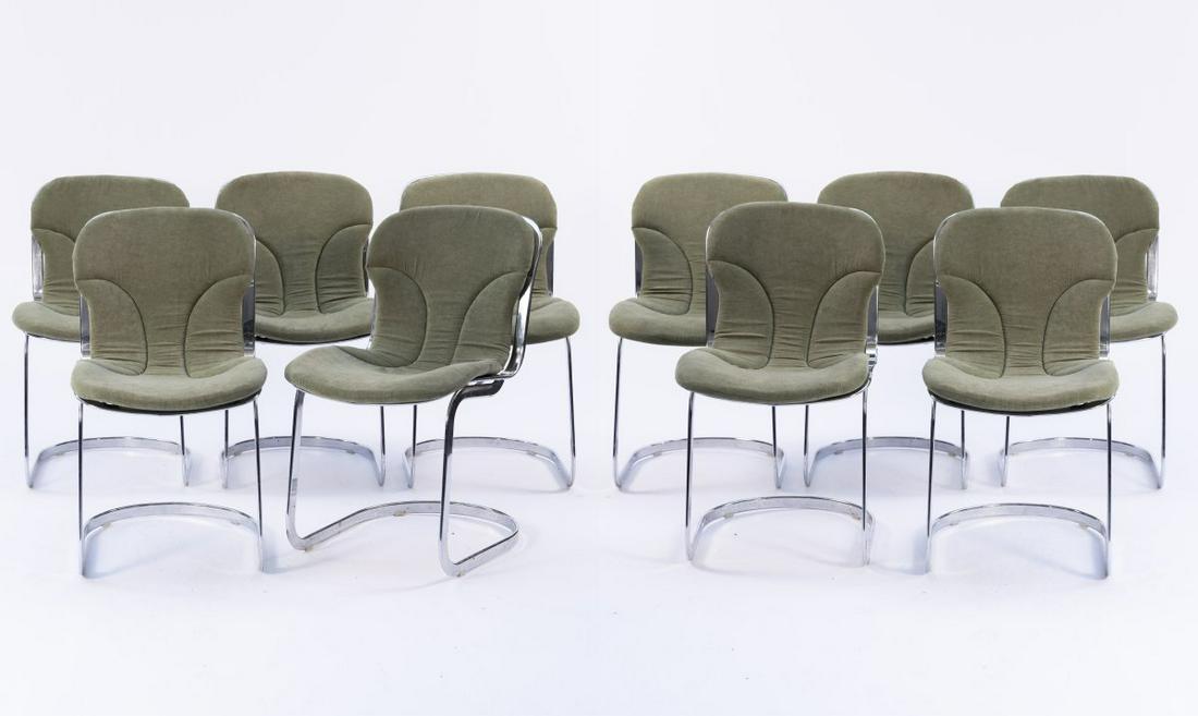 Cidue srl., Atripalda, Set of ten chairs, 1970s: Cidue srl., Atripalda, Set of ten chairs, 1970s, H. 81.5 x 45.5 x 64.5 cm. Steel belt, chrome-plated, metal wire, chrome-plated, green textile cover. Marked: Maker's adhesive label. ,
