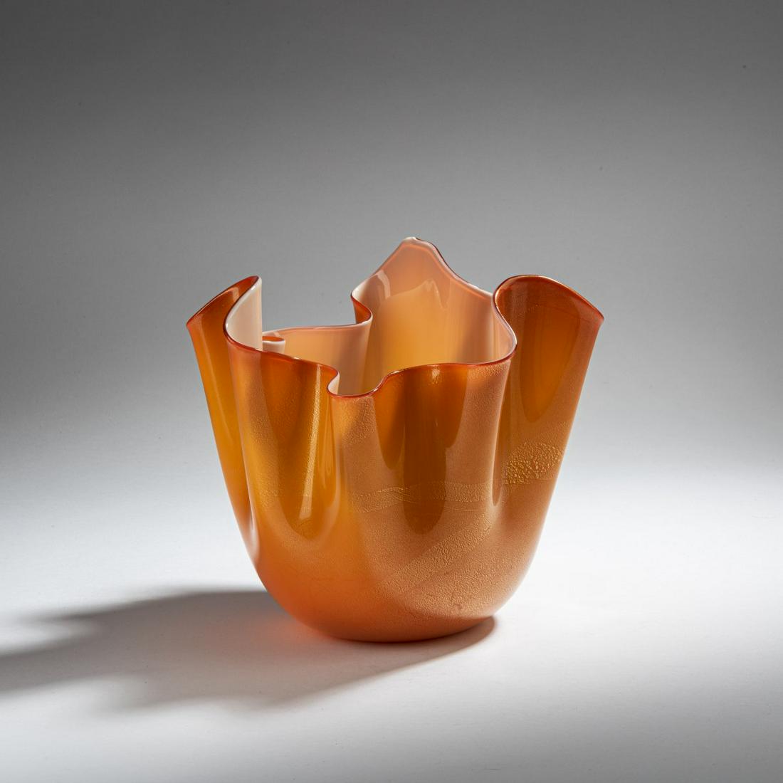 Fulvio Bianconi, 'Fazzoletto' vase, 1949: Fulvio Bianconi, 'Fazzoletto' vase, 1949, Multi-fold wall. H. 21 cm; Ø 23 cm. Execution: Venini & C. Cased glass, white, orange with burst gold foil. Signed on the bottom: venini 99 (engrav