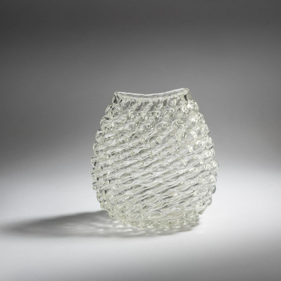 Flavio Poli, 'Cristallo ottico' vase, 1939: Flavio Poli, 'Cristallo ottico' vase, 1939, H. 24.5. Execution: Seguso Vetri d'Arte. Cased glass, clear with melted diagonally encircling bands with nubs in the form of lenses., Marc Heiremans, Seguso