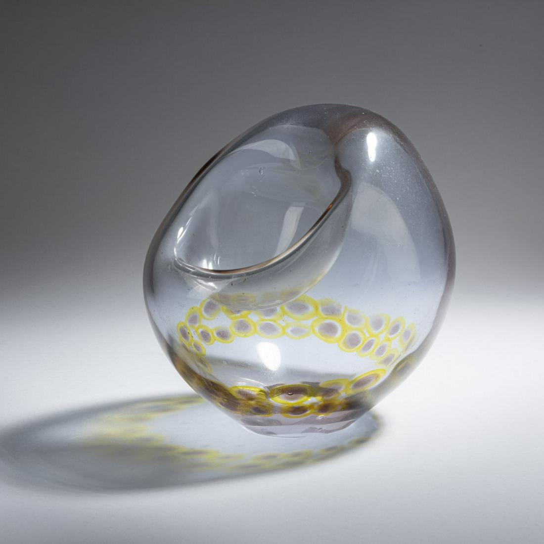 Antonio Da Ros, 'Murrine' bowl, c. 1969: Antonio Da Ros, 'Murrine' bowl, c. 1969, Double wall. H. 22 cm. Execution: Gino Cenedese. Cased glass, clear and violet with a two-row murrine band in violet and yellow.,