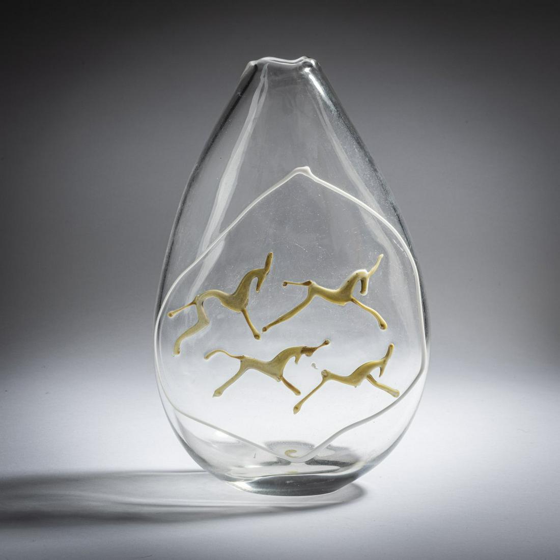 Ermanno Nason, Vase, c. 1970: Ermanno Nason, Vase, c. 1970, Strongly flattened walls on both sides. H. 33.5 cm. Execution: Gino Cenedese. Clear glass with threads in white, partially with yellow.,