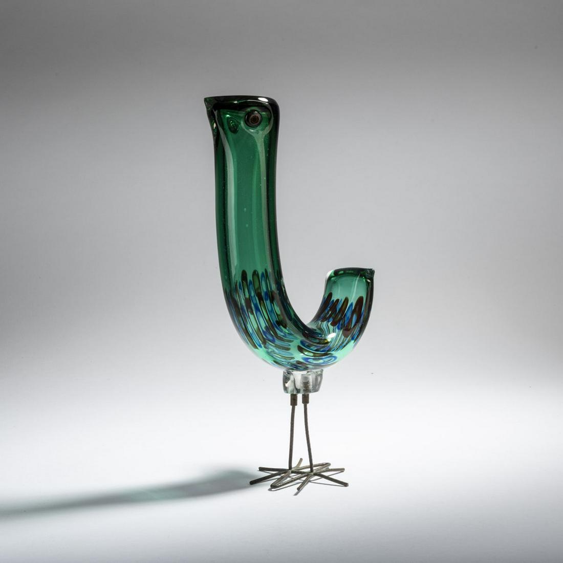 Alessandro Pianon, 'Pulcino' bird, 1962: Alessandro Pianon, 'Pulcino' bird, 1962, H. 32.5 cm. Execution: Vistosi. Cased glass, clear and green with blue and red murrine. Multi-colored murrine as a pair of eyes; Copper wire legs.,