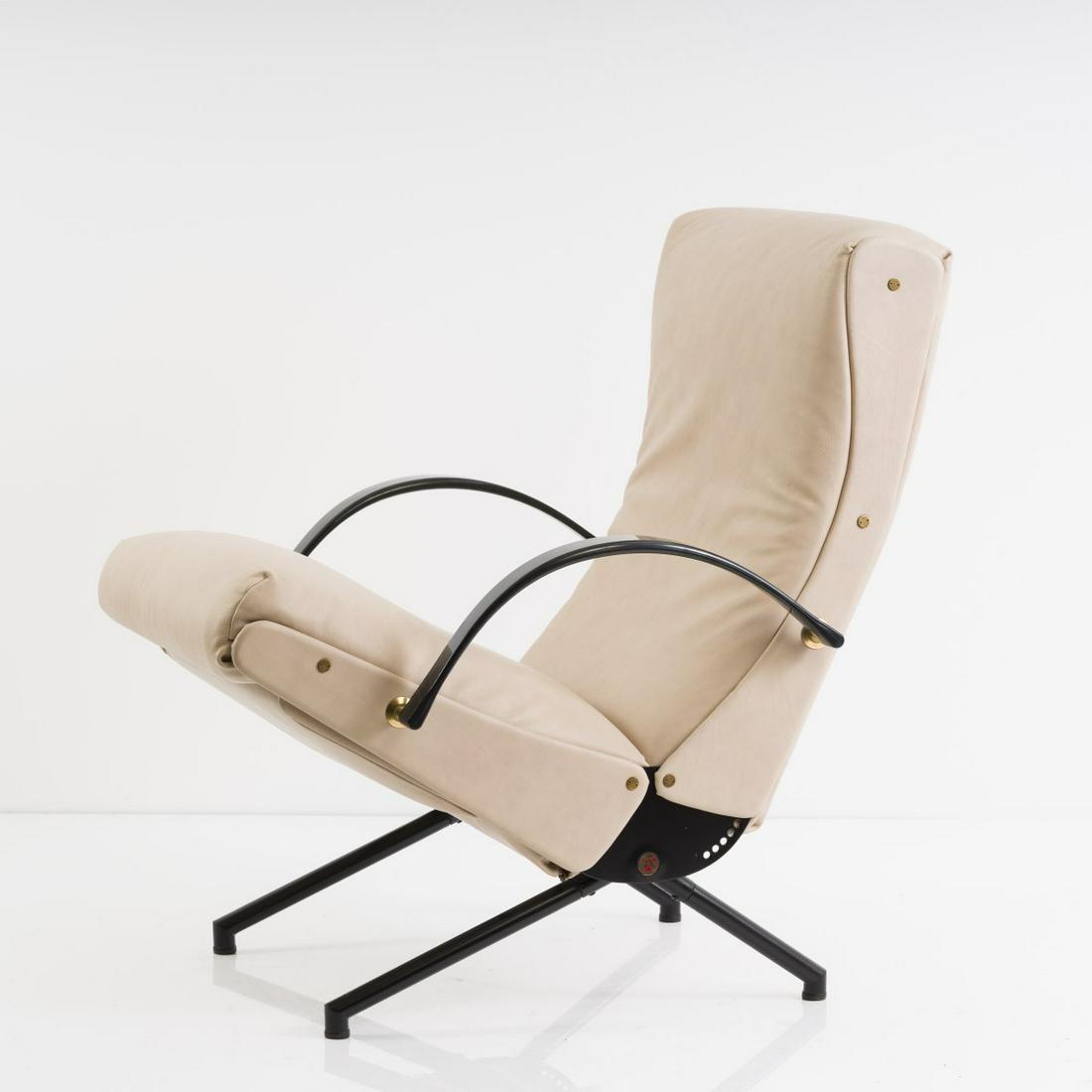 Osvaldo Borsani, 'P 40' recliner, 1955: Osvaldo Borsani, 'P 40' recliner, 1955, H. 86 x 70 x 96 cm. Made by Tecno, Milan. Tubular metal, painted black, brass, crème-white leather, black plastic. Marked: Tecno badge. , Bosoni, Osvaldo
