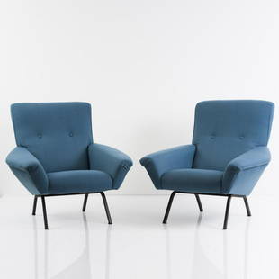 Augusto Magnaghi; Mario Terzaghi, Set of two lounge: Augusto Magnaghi; Mario Terzaghi, Set of two lounge chairs, c. 1950, H. 85 x 101 x 90 cm. Made by FBG, Meda. Square metal tube, painted black, blue textile cover.,