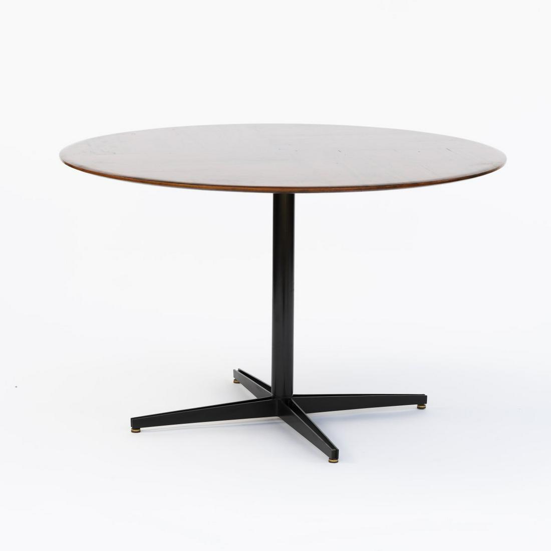 Osvaldo Borsani, Table 'T-41', 1958: Osvaldo Borsani, Table 'T-41', 1958, H. 74 cm, D. 120 cm. Made by Tecno, Milan. Blockboard with walnut veneer, tubular metal, sheet metal, painted black., Bosoni, Osvaldo Borsani, Milan 2018, p. 477;