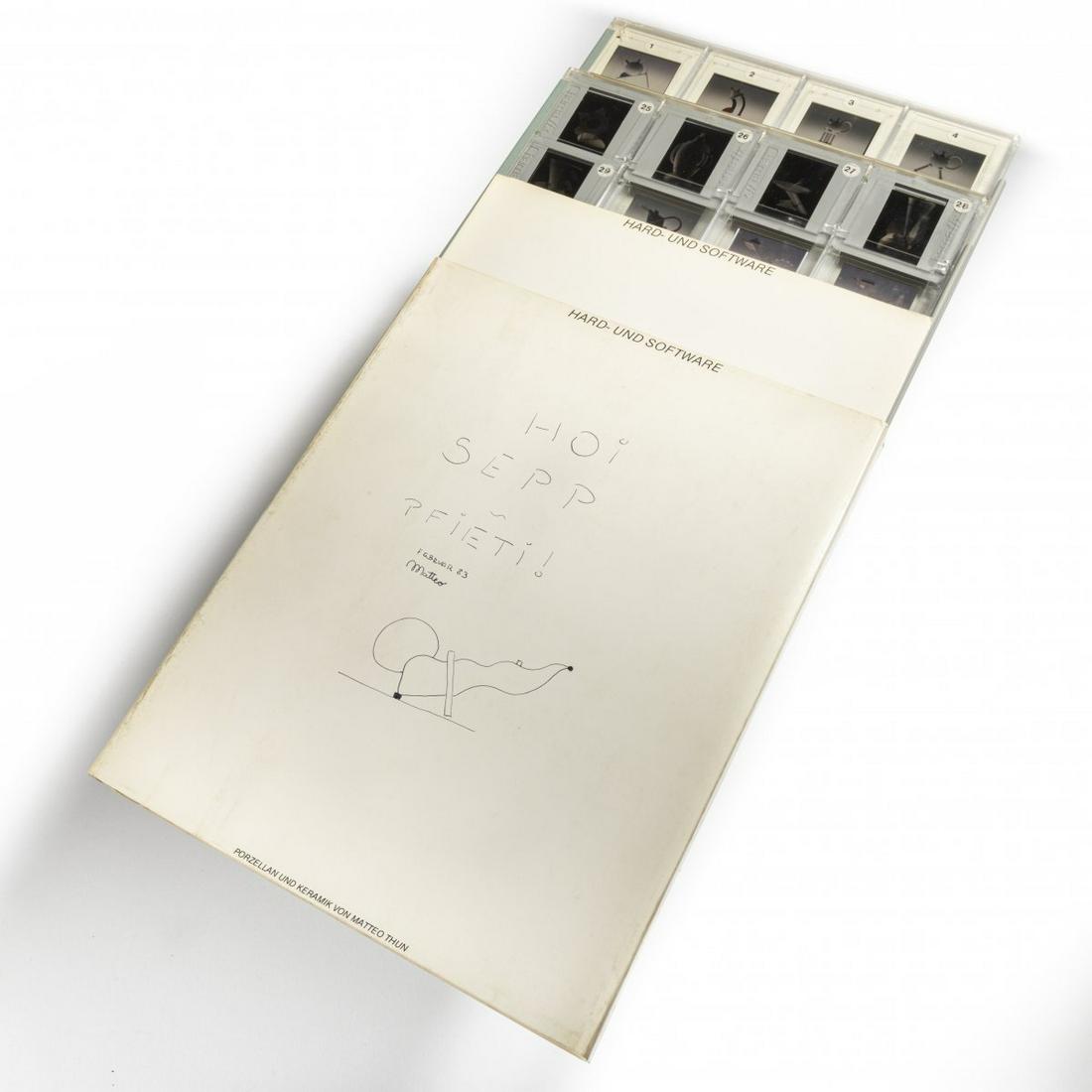 Matteo Thun, Set of 29 slides with catalogue: Matteo Thun, Set of 29 slides with catalogue raisonné, 1983, Catalogue of works with 29 slides for the exhibition of porcelain and ceramics by Matteo Thun. Edition Quartett 1983. Designation: d