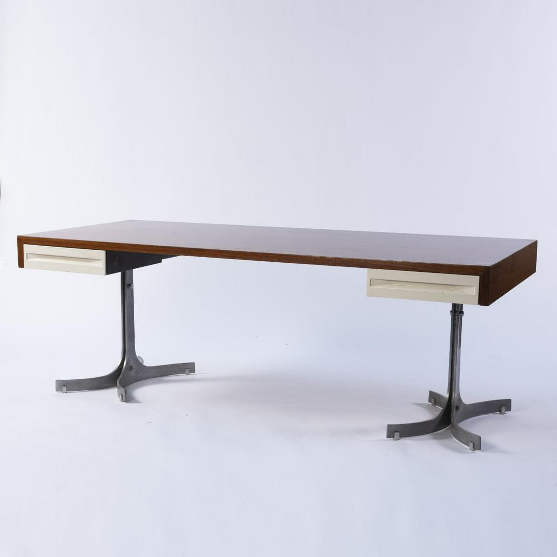 Gianni Moscatelli (attributed), Desk, c. 1965: Gianni Moscatelli (attributed), Desk, c. 1965, H. 75 x 205 x 90 cm. Made by Formanova, Italy. Sectional metal, matt chrome-plated, box construction with walnut veneer, sheet metal (drawers), white ena