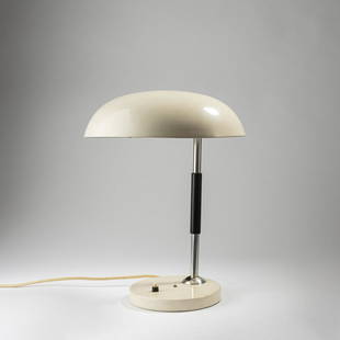 Karl Trabert, Table light, c. 1933: Karl Trabert, Table light, c. 1933, H. 40 cm, D. 33 cm. Made by Schanzenbach & Co., Frankfurt. Sheet metal, cream-coloured nextel lacquer, tubular metal, matt chrome-plated, plastic, black.,