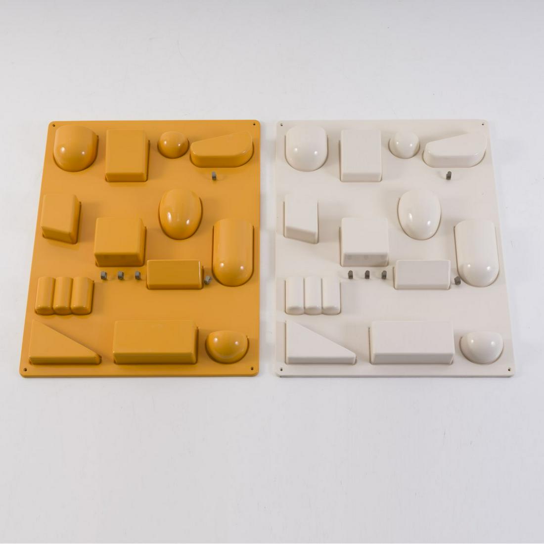 Dorothee Becker, Set of two 'Utensilo' wall shelves,: Dorothee Becker, Set of two 'Utensilo' wall shelves, 1969, H. 67.5 x 52 x 7 cm. Made by Design M, Ingo Maurer, Munich. White or yellow ABS plastic, sheet metal., Exh. Plastics + Design, Museum Kü