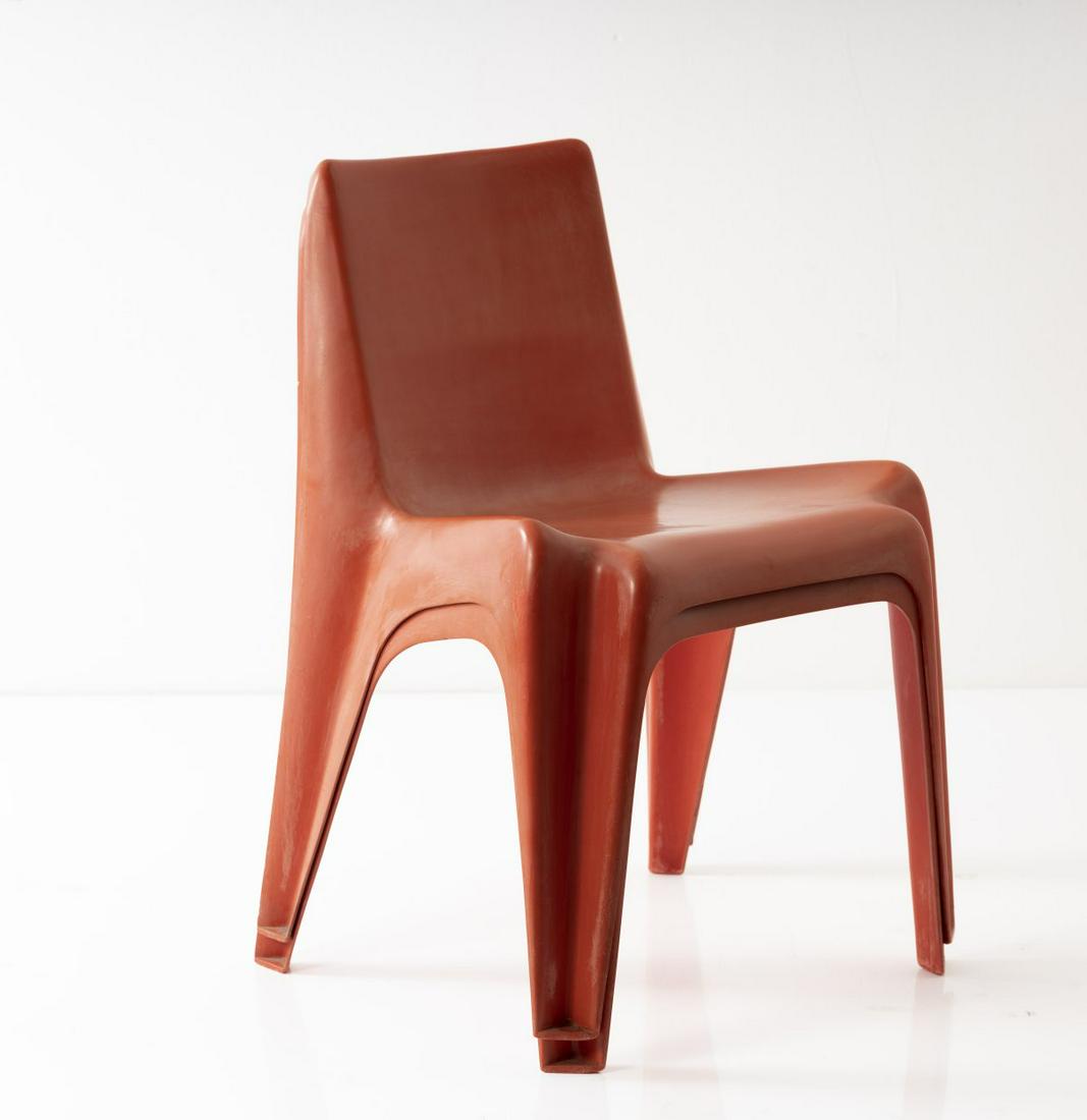Helmut Bätzner, Set of two 'BA 1171' stacking: Helmut Bätzner, Set of two 'BA 1171' stacking chairs, 1964, H. 73 x 51 x 52 cm. Made by Bofinger, Ilsfeld. Red polyester, reinforced with fibreglass. Marked: Bofinger Production. , Sembach, Neue