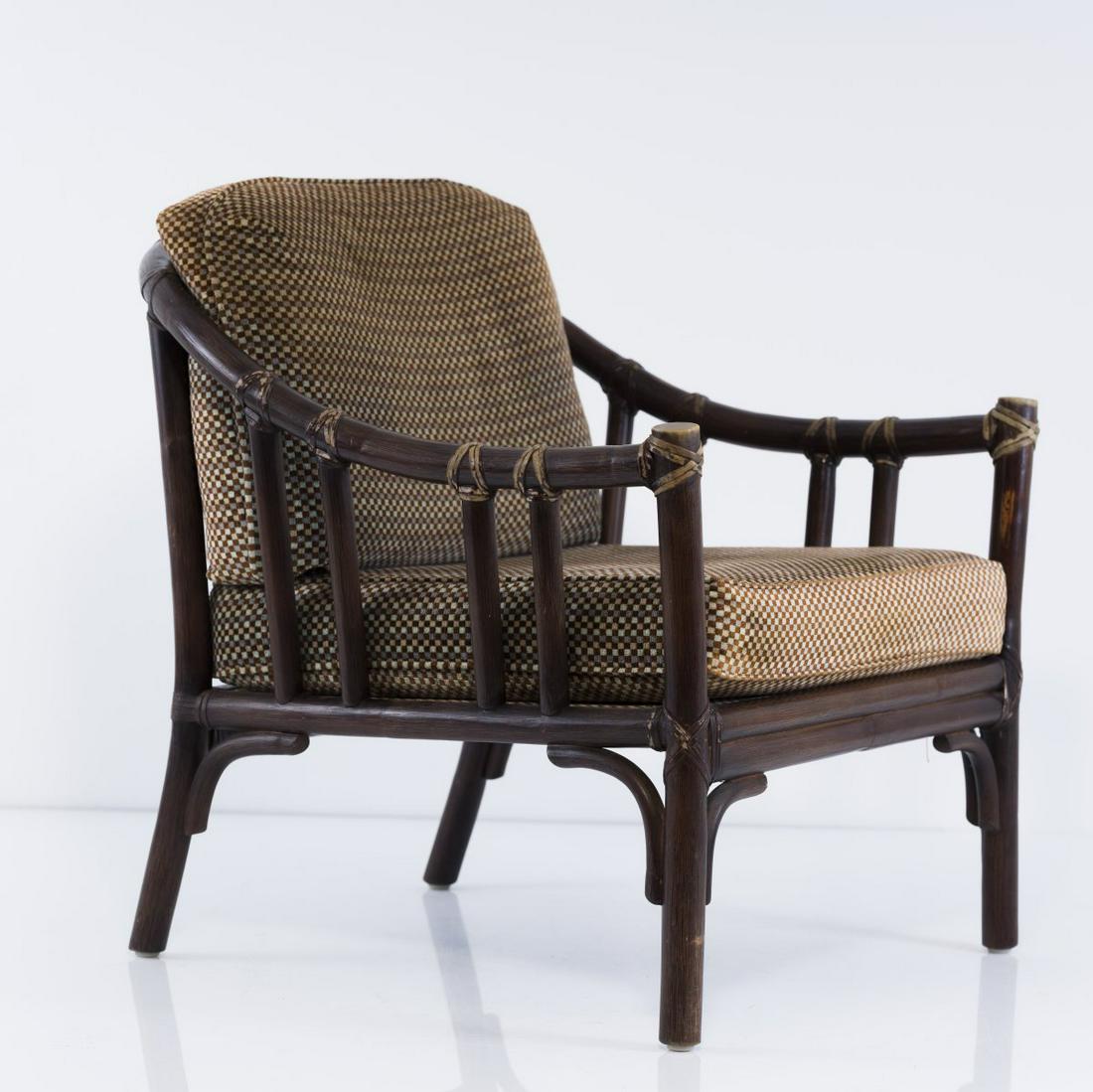 McGuire, Lounge chair, 1970s: McGuire, Lounge chair, 1970s, H. 75.5 x 72 x 78.5 cm. Made by Hans Kaufeld, Brake. Bamboo cane, rattan, grey-brown textile cover. Marked: metal badge McGuire license Hans Kaufeld.,