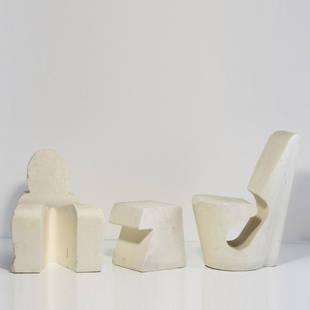 Khodi Feiz, Richard Hutten, et al., Set of two chairs: Khodi Feiz, Richard Hutten, et al., Set of two chairs and one stool 'WIP', 2006, Small chair: H. 71.5 x 38.5 x 79 cm; high chair: H. 88 x 50 x 70 cm; Stool: H. 36 x 34 x 40 cm. Styrofoam.,