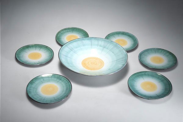 Werner Burri. Compote set. Fayence, white, yellow: Werner Burri. Compote set. Fayence, white, yellow, green and dark-grey, grey craquelling glaze. Diameter. 33 cm; resp. 18.5 cm. Designed c. 1928. Made by Steingutfabriken Velten-Vordamm, prior to 1931