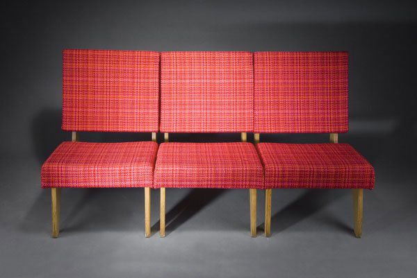 Cees Braakman. Three 'Combex-FB03' easy chairs/ t: Cees Braakman. Three 'Combex-FB03' easy chairs/ three-seater sofa, designed c. 1954. H. 74 x 51.5 x 71 cm (each). Made by Pastoe, Utrecht. Birchwood, orange-red woodl. Cover replaced.