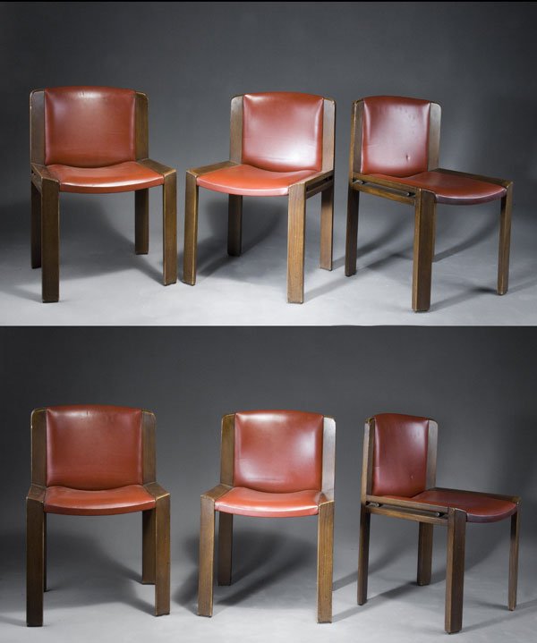 Joe Colombo. Six '300' stackable chairs, designed: Joe Colombo. Six '300' stackable chairs, designed in 1966. H. 78.5 x 48 x 50 cm. Made by Pozzi, Italy. Beechwood, stained, red-brown synthetic leather. Two chairs with small rent in the back.