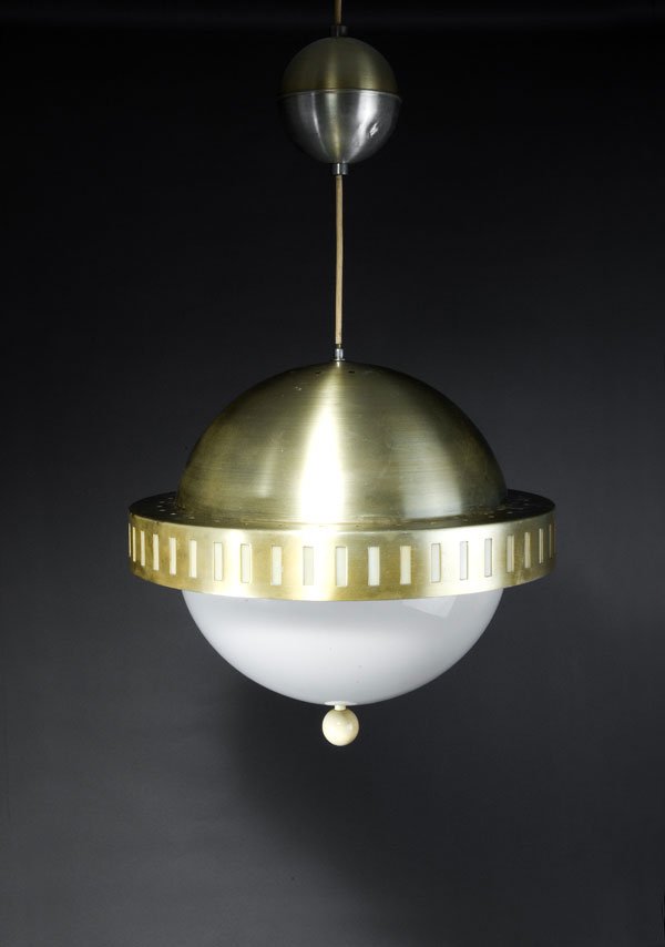 Esperia, Poggibonsi. 'Lonely Planet' ceiling ligh: Esperia, Poggibonsi. 'Lonely Planet' ceiling light, designed c. 1979. H. 45 cm; Diameter 48 cm. Aluminium, anodized golden, white plastic.