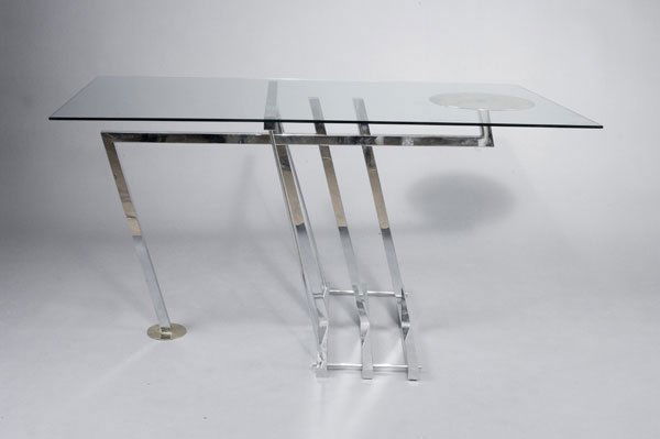 Helmut Schmid; Hans-Walter Stemmann. Unique table: Helmut Schmid; Hans-Walter Stemmann. Unique table 'Moskito 2000', designed and made c. 1983. H. 73.5 x 140 x 75 cm. Made by S & S Design, Munich. Chrome-plated rectangular steel, brass, glass top.