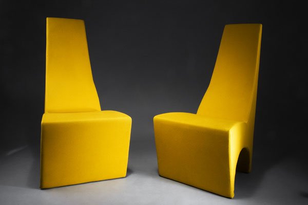 Tom Dixon. Pair of 'Bird' chairs, designed in 199: Tom Dixon. Pair of 'Bird' chairs, designed in 1994. H. 110 x 56 x 66 cm. Made by Cappellini, Milan, in 1995. Wood, saffron-yellow felt. One chair slightly redone.