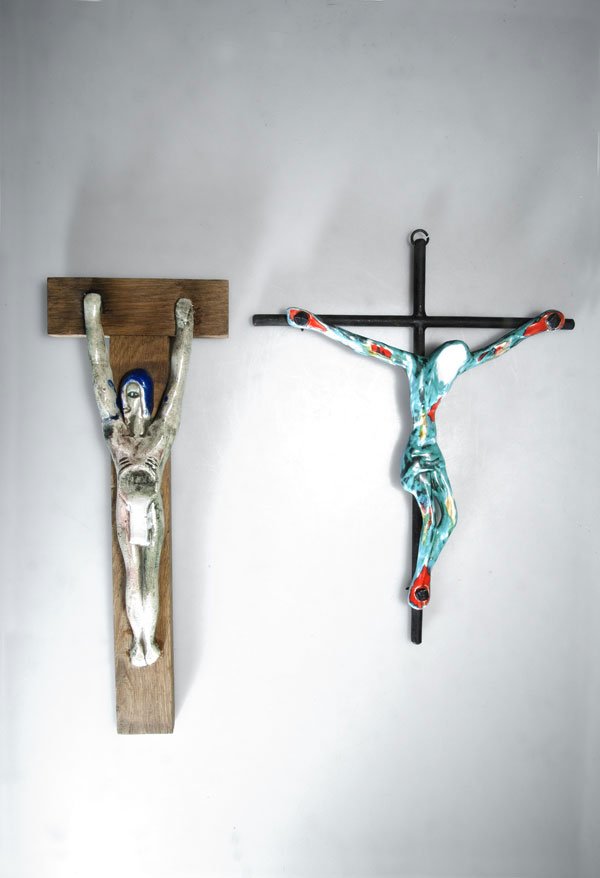 Roger Capron (in the style of). Christ on the cro: Roger Capron (in the style of). Christ on the cross, 1950s. 30.5 x 23.7 cm. Made at Vallauris, 1950s. Light-coloured earthenware, multi-coloured glazing, iron, patinated copper nails.