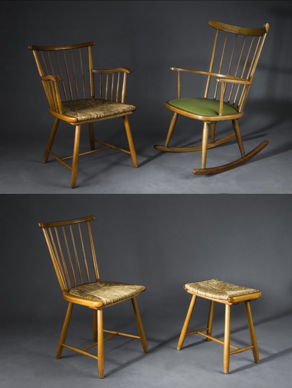 Arno Lambrecht. Set of four seats, designed c. 19: Arno Lambrecht. Set of four seats, designed c. 1955. Chair: H. 82 x 43.5 x 43.3 cm; armchair: H. 81 x 60 x 52.3 cm; stool: H. 44 x 41 x 30 cm; rocking chair: H. 100 x 76 x 57.5 cm. Made by WK-Möbel,