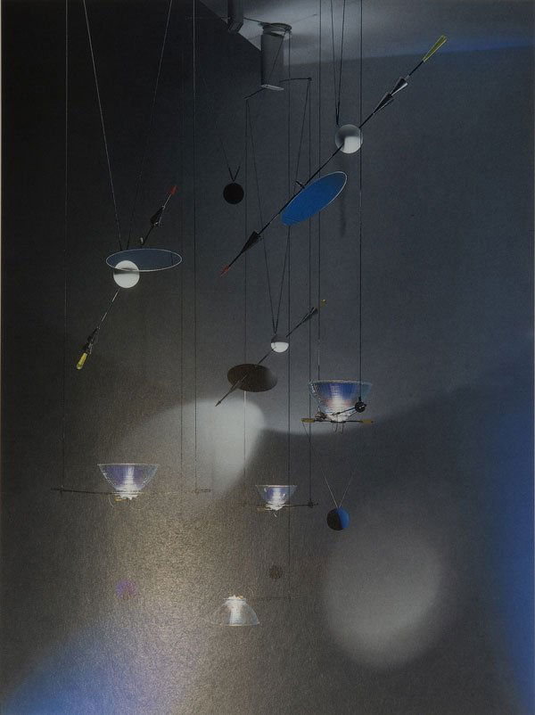 Ingo Maurer and Team. 'Iló-ilú - Version 1+2' cei: Ingo Maurer and Team. 'Iló-ilú - Version 1+2' ceiling light, designed in 1986. L. 140 cm; mirror element: L. 60 cm; spot: L. 32.5 cm; blind: H. 16.8 cm; L. 27 cm. Made by Design M Ingo Maurer Munich