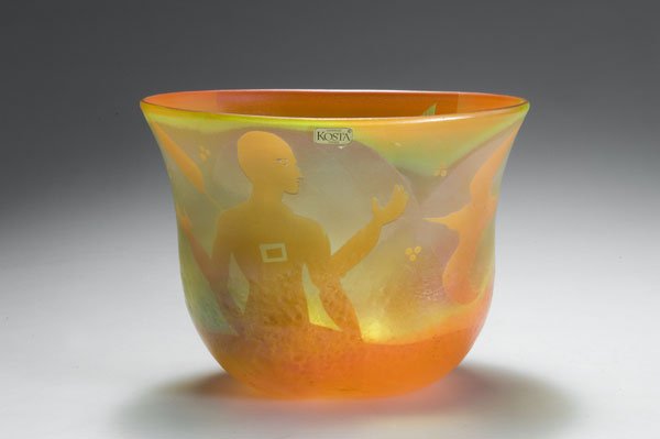 Bertil Vallien. Vase, c. 1985. H. 16.5 cm; dia. 2: Bertil Vallien. Vase, c. 1985. H. 16.5 cm; dia. 21.5 cm. Made by Kosta Boda. Overlaid glass, clear, orange and yellow, inside multiply etched pattern, outside wall slightly reliefed and iridescent. Ma