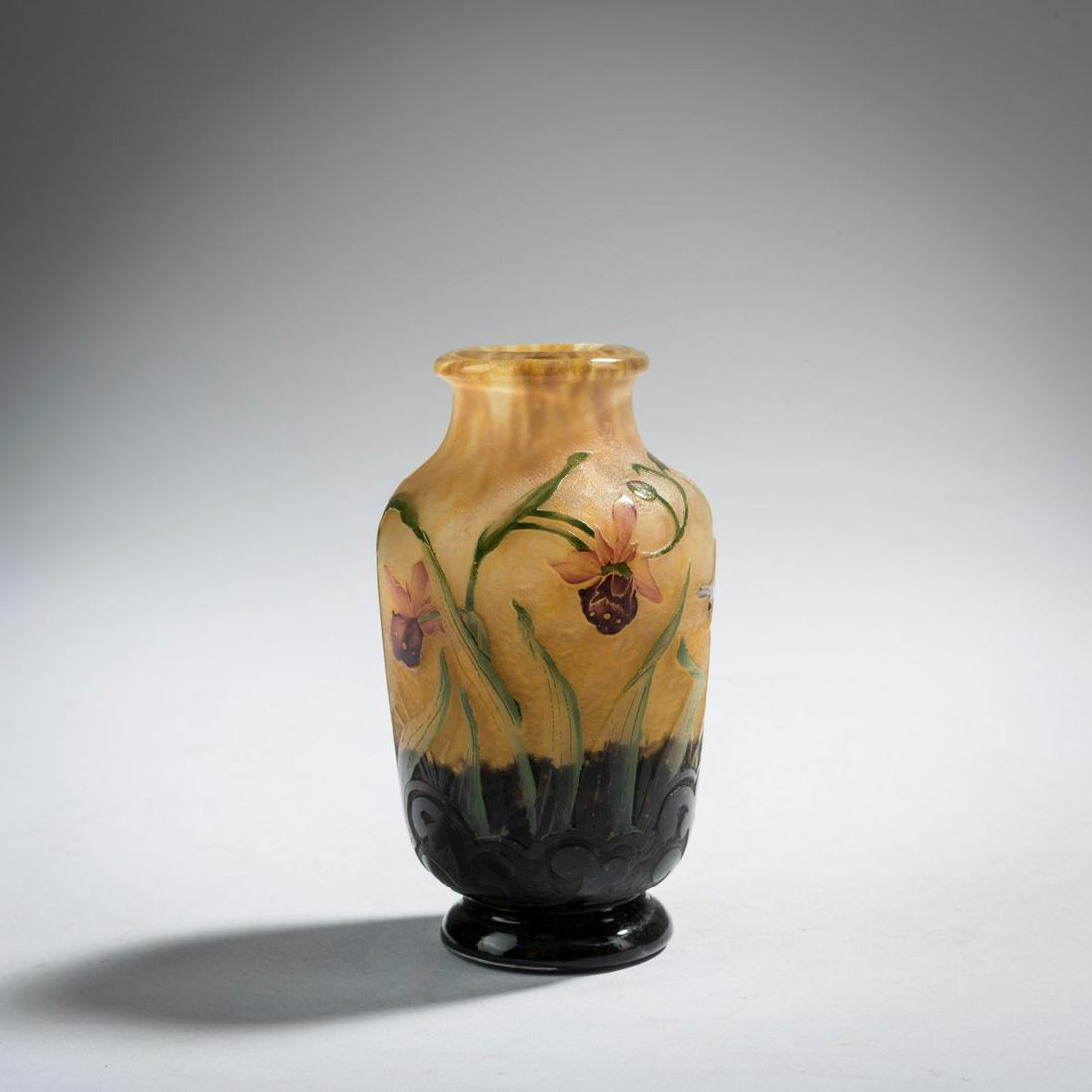 Henri Bergé, Small vase 'Orchis, Mouches et: Henri Bergé, Small vase 'Orchis, Mouches et Abeilles', 1906, H. 9.5 cm. Made by Daum Frères, Nancy. Overlaid glass, clear, yellow, amber and purple powder inclusions. Decor etched in sev