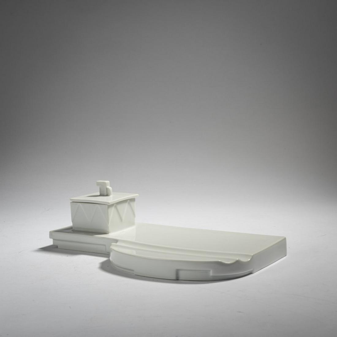 Friedrich Fleischmann, Desk set, small, 1930: Friedrich Fleischmann, Desk set, small, 1930, H. 7.6 cm, 26 x 13.7 cm. Made by Rosenthal, Selb, 1931. Porcelain, white, glazed. Marked: Manufacturer's mark (green, under glaze), 1131 (embossed).,