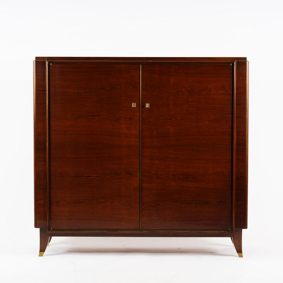 Jules-Emile Leleu; André Leleu, Cabinet, 1930s: Jules-Emile Leleu; André Leleu, Cabinet, 1930s, H. 149.7 cm, 160 x 51 cm. Made by Leleu, Paris. Wooden box construction with rosewood veneer, maple inside. Brass fittings, brass shoes.,