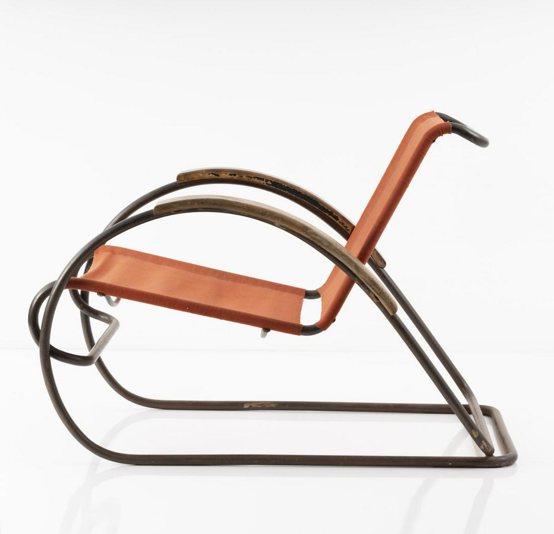 Erich Dieckmann, Lounge chair '8219', 1931: Erich Dieckmann, Lounge chair '8219', 1931, H. 63 x 61 x 90 cm; tube: D. 2.0 cm. Made by Cebaso, Ohrdruf. Tubular steel, nickel-plated, iron yarn fabric ('Eisengarn'), copper-coloured, beechwood with