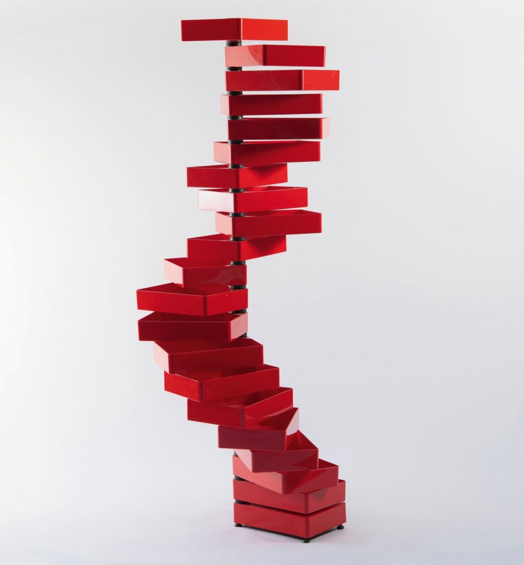 Shiro Kuramata,: Shiro Kuramata, 'Revolving Cabinet' - 'PC/15', 1970, H. 191,5 x 25 x 36 cm. Made by Cappellini, Milan. Metal, metal rod, black, red acrylic, black plastic. Marked: manufacturer's label., Sudjic, Shiro