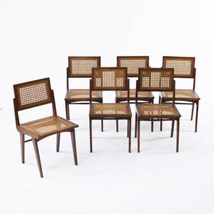 Marcel Gascoin, Set of six chairs, 1950: Marcel Gascoin, Set of six chairs, 1950, H. 85.5 x 47 x 52 cm. L'Arhec - Aménagement Rational de l'Habitation et des Collectivités, France, 1950s. Oak, meshwork., Cf. Fiell, 50s Decorati