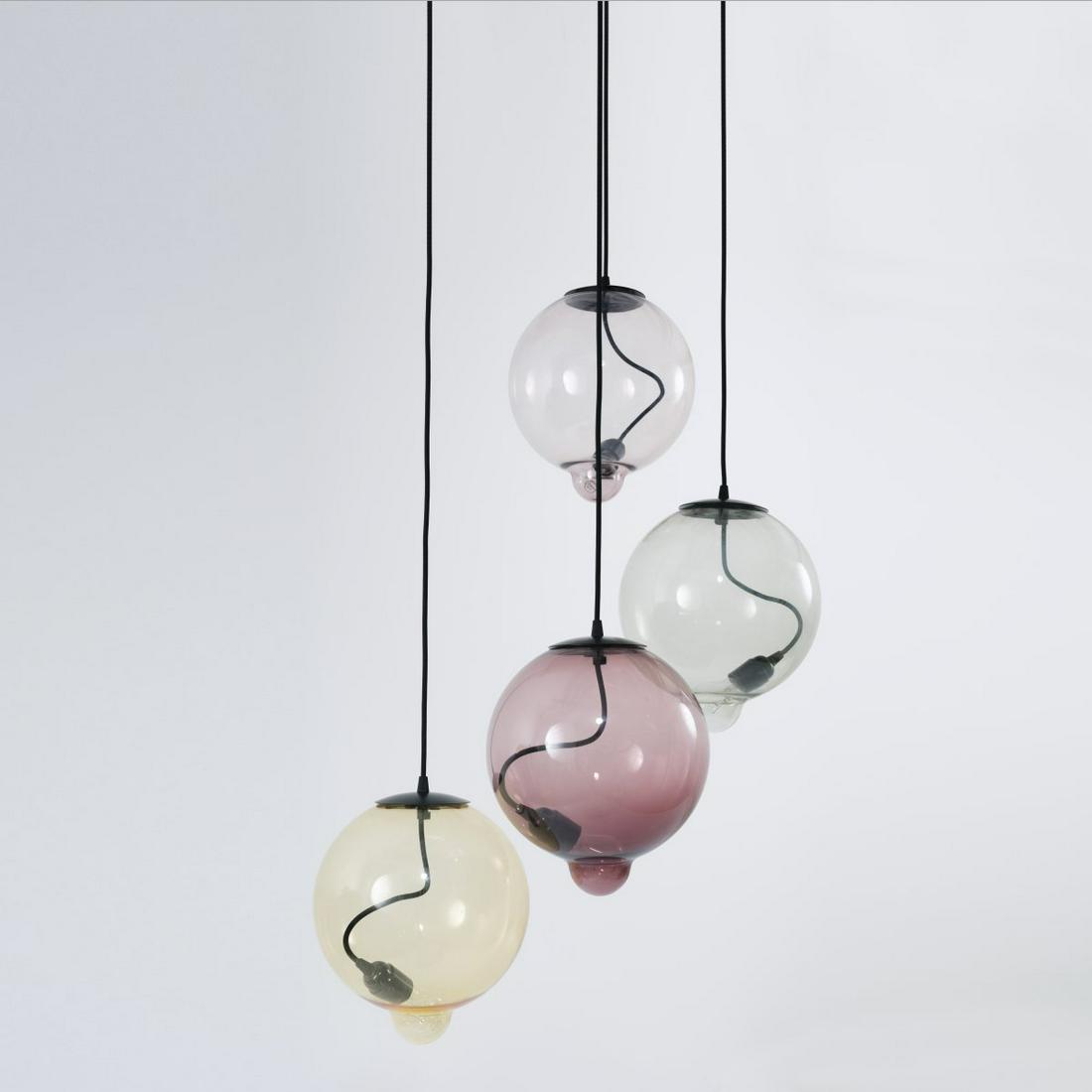 Johan Lindstén, Ceiling light 'Meltdown - PO: Johan Lindstén, Ceiling light 'Meltdown - PO 1402', 2014, H. ca. 200-250 cm, Ø 45.5 cm; Balls: 29.5 x 26.5 cm. Made by Cappellini, Milan. Sheet metal, painted black, hand-blown glass, am