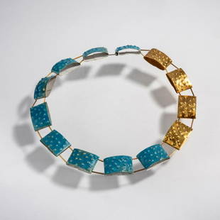 Annamaria Zanella, Unique necklace 'Regina', 2015: Annamaria Zanella, Unique necklace 'Regina', 2015, 22ct. yellow gold, silver, blue and white enamel. 98 grams. Ø 190.5 mm. Signed: A. Zanella 2015 (engraved).,